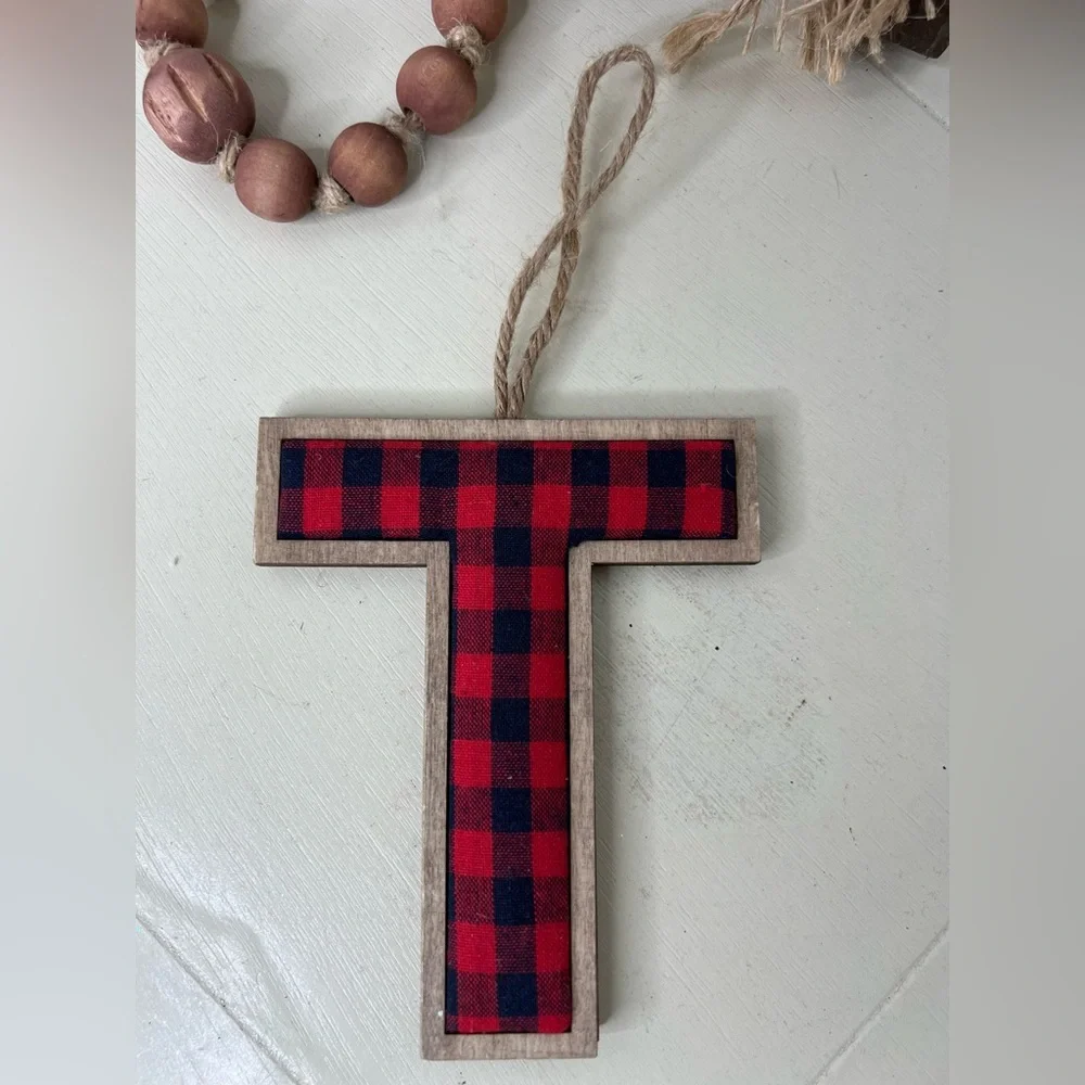 Brand New-Buffalo Plaid Letter “T” Ornament